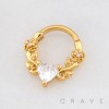 HINGED CLICKER SEGMENT RING FEATURING A VINE, ROSE, AND CLEAR HEART CZ 316L SURGICAL STEEL